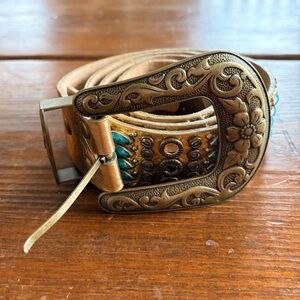 Women's gold leather Western Belt with Rhinestones, Turquoise Accents size large
